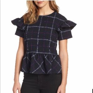 Halogen plaid peplum ruffle top size L
